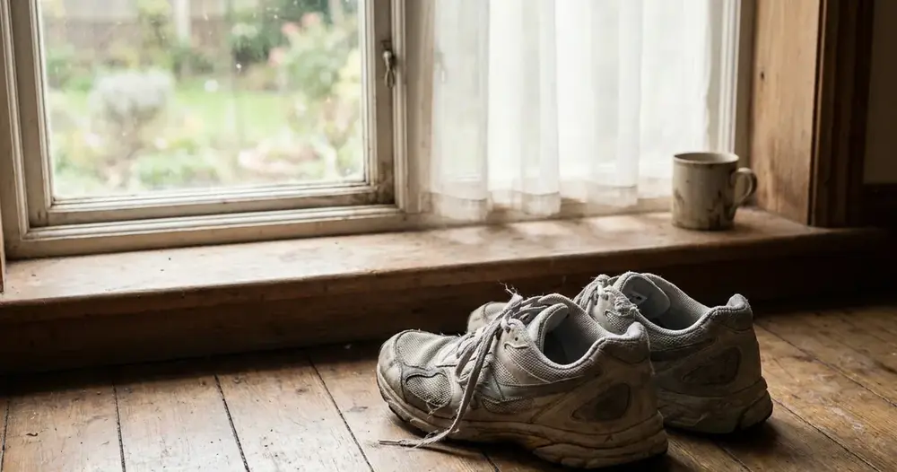 par de tênis de corrida usados sobre piso de madeira ao lado da janela