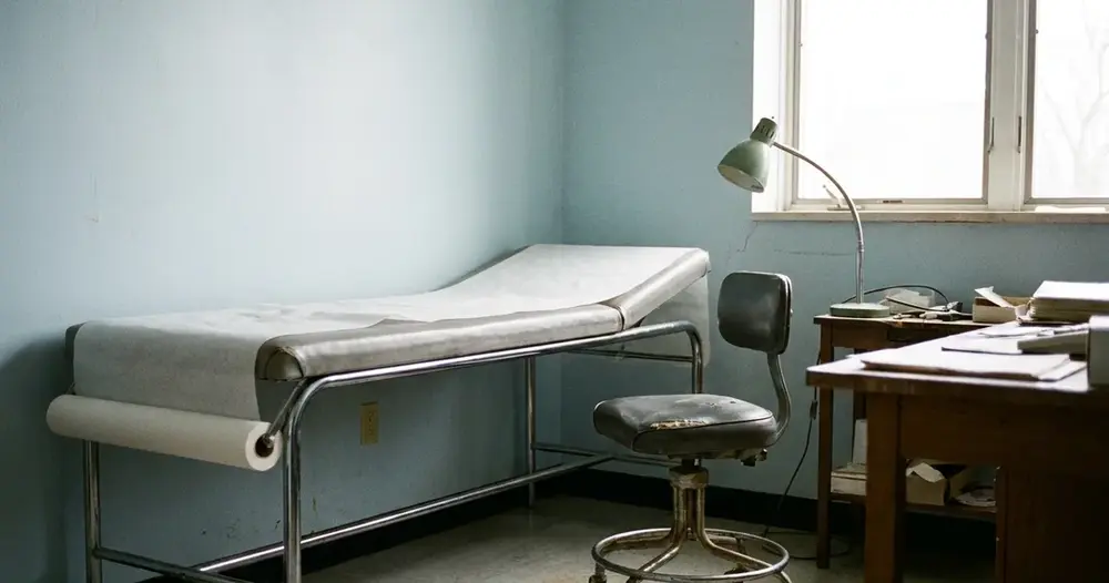 sala de exame médico com maca, banqueta e luminária, vazia